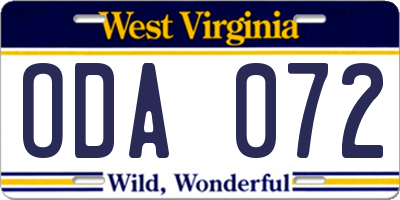 WV license plate ODA072