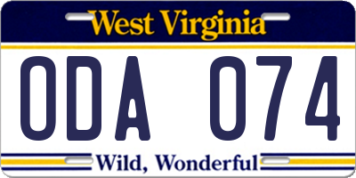 WV license plate ODA074