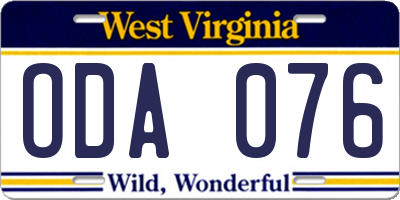 WV license plate ODA076