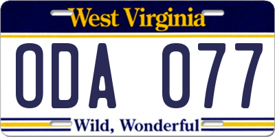 WV license plate ODA077