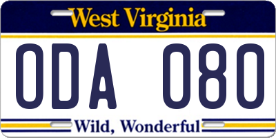 WV license plate ODA080