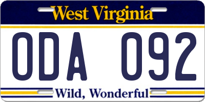 WV license plate ODA092