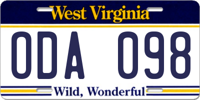 WV license plate ODA098
