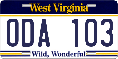 WV license plate ODA103