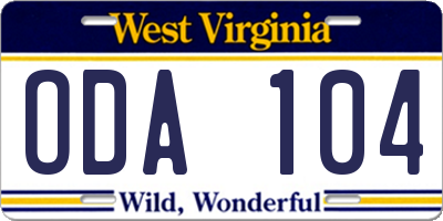 WV license plate ODA104