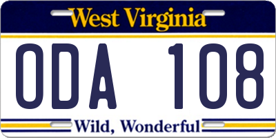 WV license plate ODA108