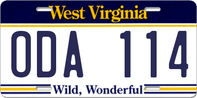 WV license plate ODA114