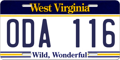 WV license plate ODA116