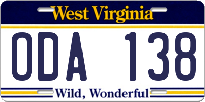 WV license plate ODA138