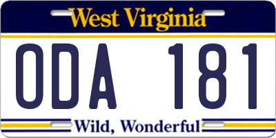 WV license plate ODA181