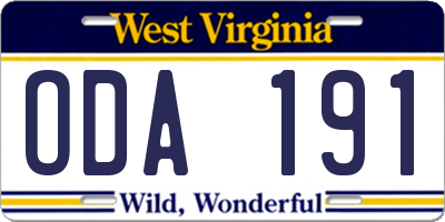 WV license plate ODA191