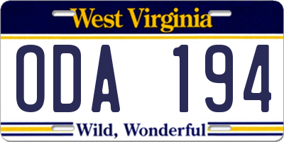WV license plate ODA194