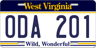 WV license plate ODA201