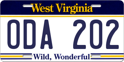 WV license plate ODA202