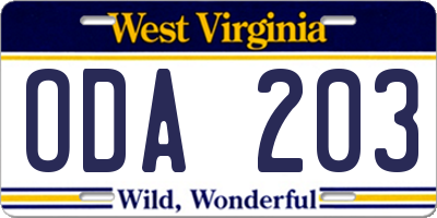 WV license plate ODA203