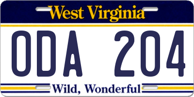 WV license plate ODA204