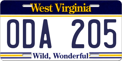 WV license plate ODA205