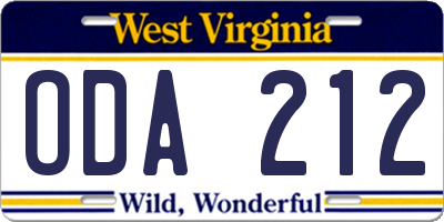 WV license plate ODA212