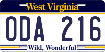 WV license plate ODA216