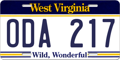 WV license plate ODA217