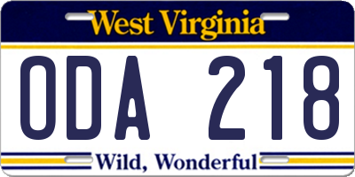 WV license plate ODA218
