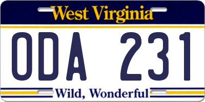 WV license plate ODA231