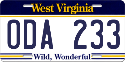 WV license plate ODA233