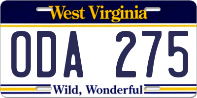 WV license plate ODA275