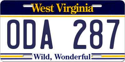 WV license plate ODA287