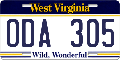 WV license plate ODA305