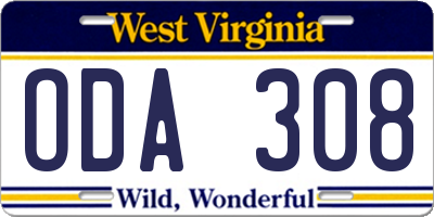 WV license plate ODA308