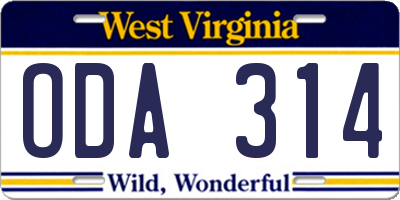 WV license plate ODA314