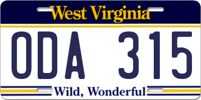 WV license plate ODA315