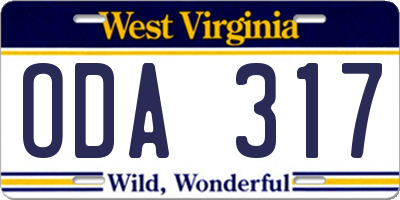 WV license plate ODA317