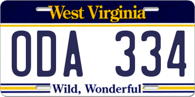 WV license plate ODA334