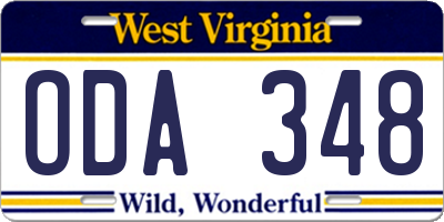 WV license plate ODA348