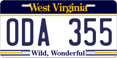 WV license plate ODA355