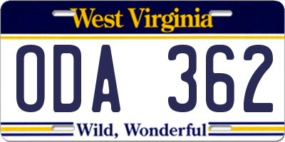 WV license plate ODA362