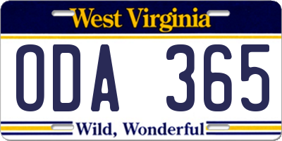 WV license plate ODA365