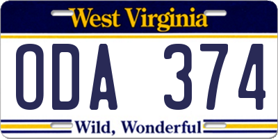 WV license plate ODA374