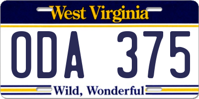 WV license plate ODA375