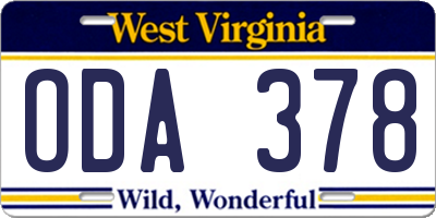 WV license plate ODA378