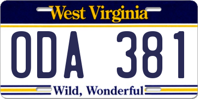 WV license plate ODA381