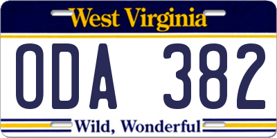 WV license plate ODA382