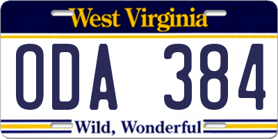 WV license plate ODA384