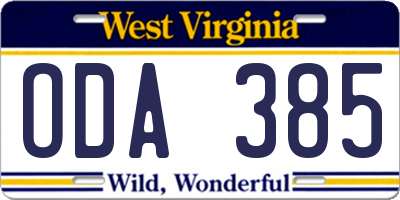 WV license plate ODA385