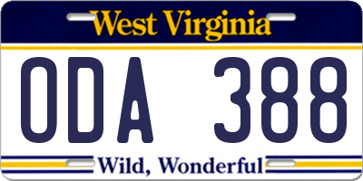 WV license plate ODA388