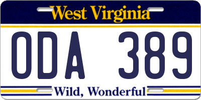 WV license plate ODA389