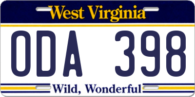 WV license plate ODA398