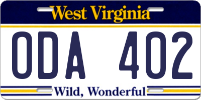 WV license plate ODA402
